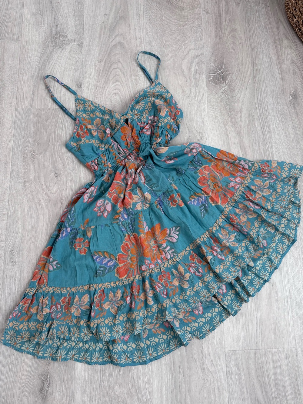 Angie Teal Floral Print Sundress with Orange and Pink Accents